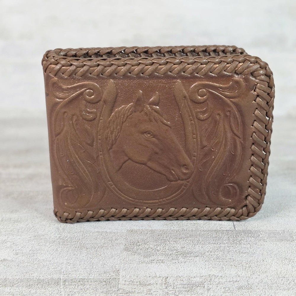 vintage brown hand-tooled leather bifold wallet embossed Horse western Style